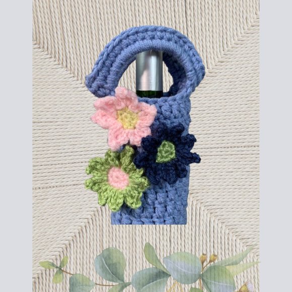 Wine Tote Wine Bag Cornflower Blue With Pink, Green, Dark Blue Flowers - Picture 2 of 3